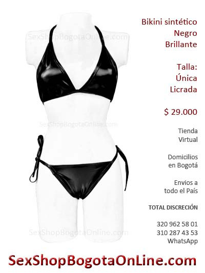 Bikini sintetico negro brillante brasier tanga vestido hilo pvc latex lame licrado halloween disfraces colombia